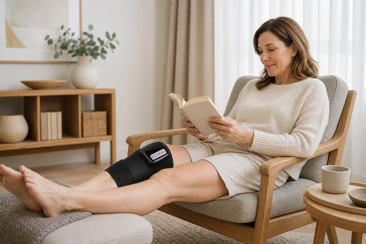 Mujer leyendo sentada con la rodillera Zunesia